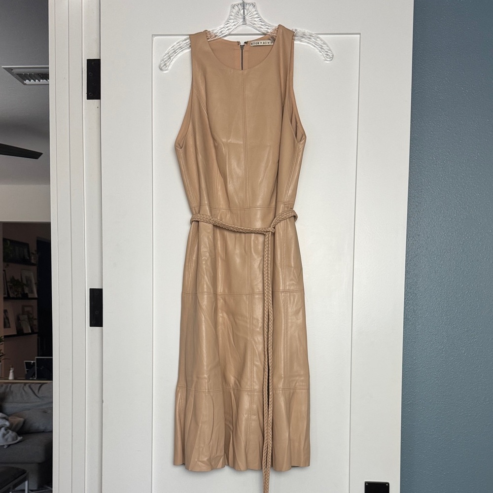 Alice + Olivia Sleeveless Faux Leather Midi Dress in Tan